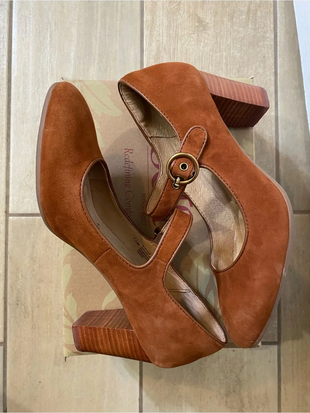 Söfft Rust Suede Mary Jane Heels with Gold Buckle